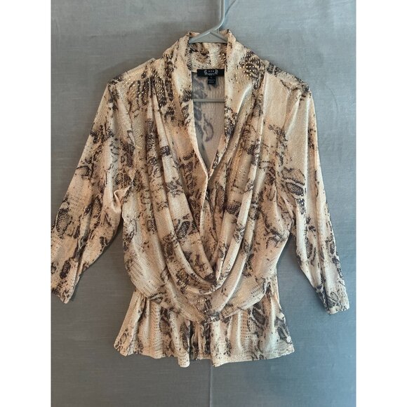 A.Z.I. Snake‎ Print Glitter Drape Blouse L Stretch Metallic Party Top - Picture 2 of 9
